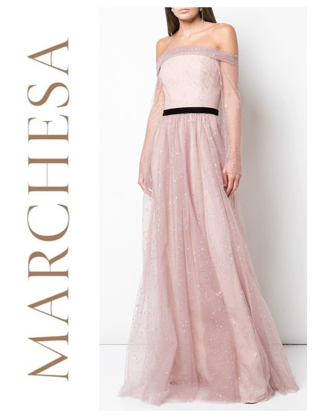 MARCHESA NOTTE Long Sleeve Off The Shoulder Glitter Gown